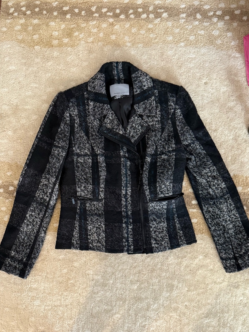 Classiques Entier Black and Gray Plaid Wool-Blend Moto Blazer
